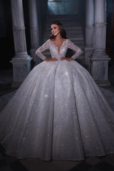 Deluxe Floor Length Sweetheart Long Sleeves A-Line Sequined Wedding Dress with Ruffles