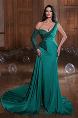 Designer A-line Dark Green One Shoulder Long SLeeve Prom Dress