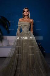 Designer A-line Off-the-shoulder Long Sleeves Sequined Prom Dress