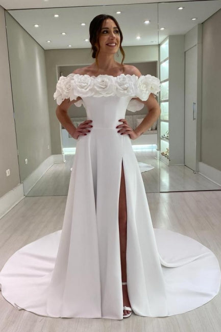Designer A Line Satin Off The Shoulder Sleeveless White Wedding Dresse misshow
