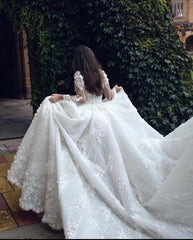 Designer A-line White Long Sleeves Lace Appliques Wedding Dress With Train