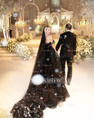 Designer Black A-Line Off-the-shoulder Glitter Wedding Dresses With Lace