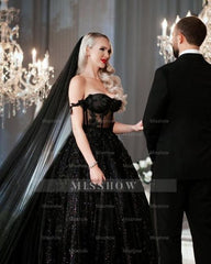 Designer Black A-Line Off-the-shoulder Glitter Wedding Dresses With Lace