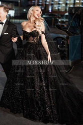 Designer Black A-Line Off-the-shoulder Glitter Wedding Dresses With Lace