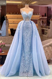 Designer Blue Long Lace Prom Dresses Evening Gowns With Detachable Train-misshow.com