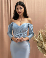 Designer Column Sweetheart Half Sleeve Ruffles Satin Prom Dress