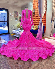 Designer Fuchsia Long Sleeves V-neck Mermaid Sparkle Long Prom Dress