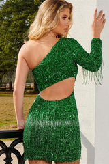 Designer Green One Shoulder Long Sleeve Short Homecoming Dresses