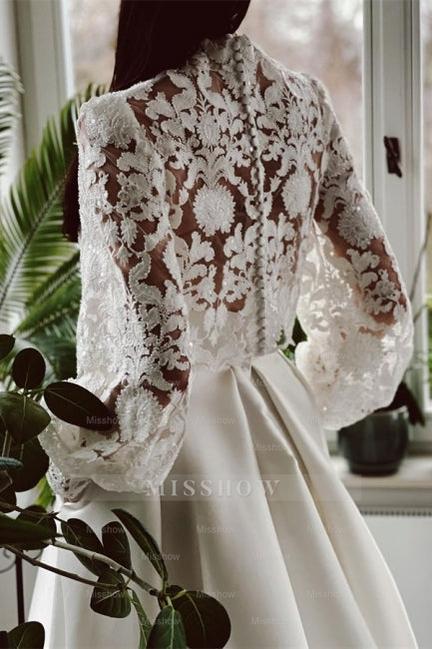 Designer Long A-line High Neck Lace Wedding Dresses With Long Sleeves