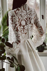 Designer Long A-line High Neck Lace Wedding Dresses With Long Sleeves
