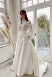 Designer Long A-line High Neck Lace Wedding Dresses With Long Sleeves
