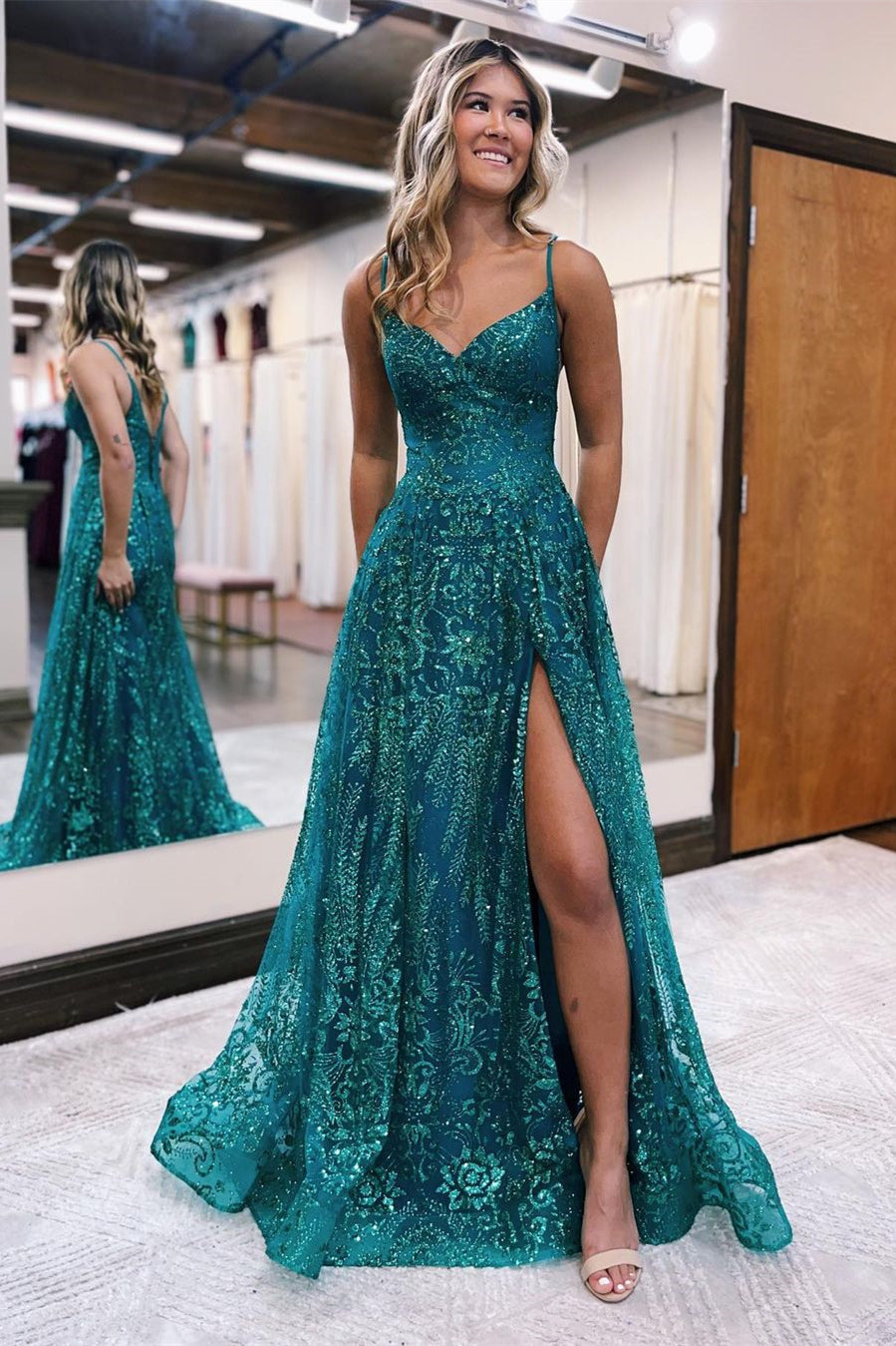 Designer Long A-Line Spaghetti Straps Lace Sleeveless Prom Dress with Slit Designer Long A-Line Spaghetti Straps Lace Sleeveless Prom Dress with Slit