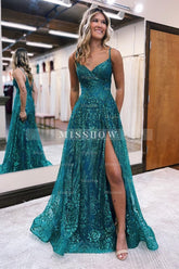 Designer Long A-line Spaghetti Straps Lace Sleeveless Prom Dress With Slit