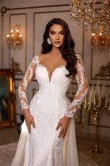Designer Long A-line V-neck Lace Appliques Wedding Dresses With Long Sleeves