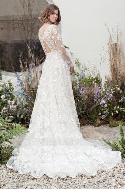 Designer Long A-Line V-neck Lace Wedding Dresses With Long Sleeves