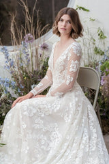 Designer Long A-Line V-neck Lace Wedding Dresses With Long Sleeves