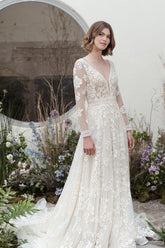 Designer Long A-Line V-neck Lace Wedding Dresses With Long Sleeves