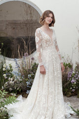 Designer Long A-Line V-neck Lace Wedding Dresses With Long Sleeves