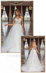 Designer Long A-line V-neck Tulle Sleeveless Wedding Dresses With Lace