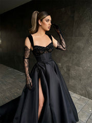 Designer Long Black A-line Lace Sleeveless Prom Dress With Slit