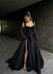 Designer Long Black A-line Lace Sleeveless Prom Dress With Slit