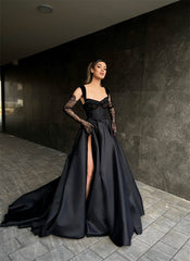 Designer Long Black A-line Lace Sleeveless Prom Dress With Slit