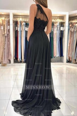 Designer Long Black Evening Dresses One Shoulder Lace Prom Dresses With Slit