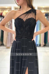 Designer Long Black Evening Dresses One Shoulder Lace Prom Dresses With Slit