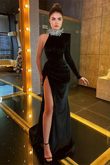 Designer Long Black One Shoulder High Neck Long Sleeve Prom Dress With Slit