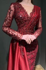 Designer Long Burgundy Lace Beading Mermaid Evening Dresses With Long Sleeves