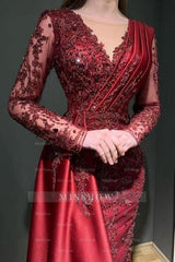 Designer Long Burgundy Lace Beading Mermaid Evening Dresses With Long Sleeves