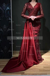 Designer Long Burgundy Lace Beading Mermaid Evening Dresses With Long Sleeves