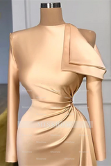 Designer Long Champagne Mermaid Satin Prom Dress With Long Sleeves