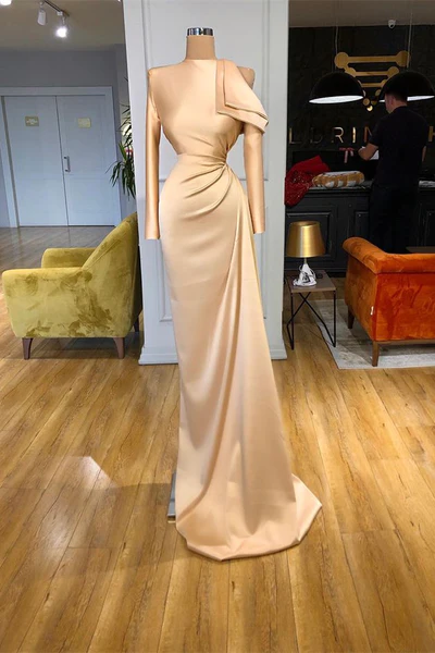 Designer Long Champagne Mermaid Satin Prom Dress With Long Sleeves
