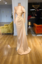 Designer Long Champagne Mermaid Satin Prom Dress With Long Sleeves