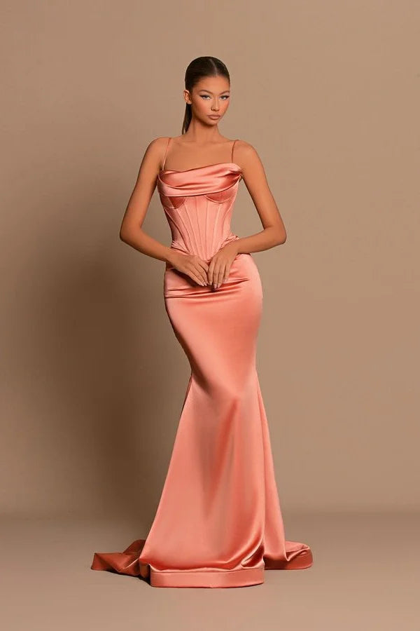 Designer Long Coral Spaghetti Straps Mermaid Sleeveless Prom Dress