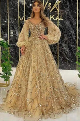 Designer Long Gold A-line Lace Sequined Long Sleeves Evening Dresses With Glitter