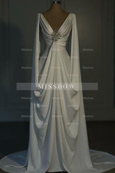 Designer Long Ivory A-line V-neck Satin Wedding Dress with Long Sleeves