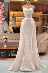 Designer Long Ivory Strapless Mermaid Prom Dresses With Glitter