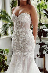 Designer Long Mermaid Strapless Lace Sequined Wedding Dress with Train