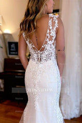 Designer Long Mermaid V-neck Backless Lace Sleeveless Wedding Dresses With Train