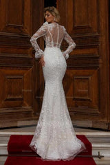 Designer Long Mermaid V-neck Lace Wedding Dresses With Long Sleeves
