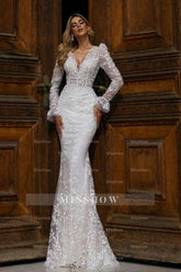 Designer Long Mermaid V-neck Lace Wedding Dresses With Long Sleeves
