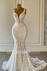 Designer Long Mermaid V-neck Sleeveless Wedding Dresses With Lace