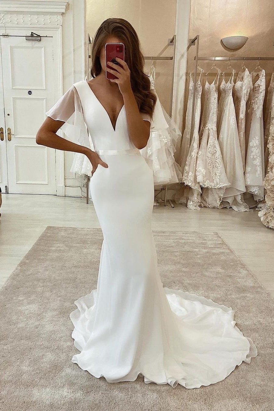 Designer Long Mermaid White Satin Tulle Short Sleeves Wedding Dress Wi misshow