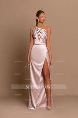 Designer Long Pink One Shoulder Mermaid Sleeveless Prom Dress With Slit