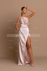 Designer Long Pink One Shoulder Mermaid Sleeveless Prom Dress With Slit