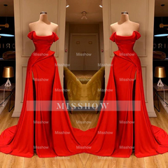Designer Long Red A-line Sleeveless Satin Sexy Prom Dress With Slit