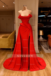 Designer Long Red A-line Sleeveless Satin Sexy Prom Dress With Slit