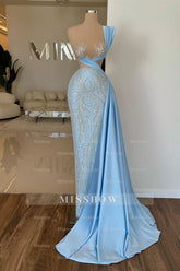 Designer Long Sky Blue One Shoulder Sequined Prom Dress With Lace